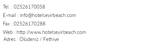 Seyir Beach Hotel telefon numaralar, faks, e-mail, posta adresi ve iletiim bilgileri